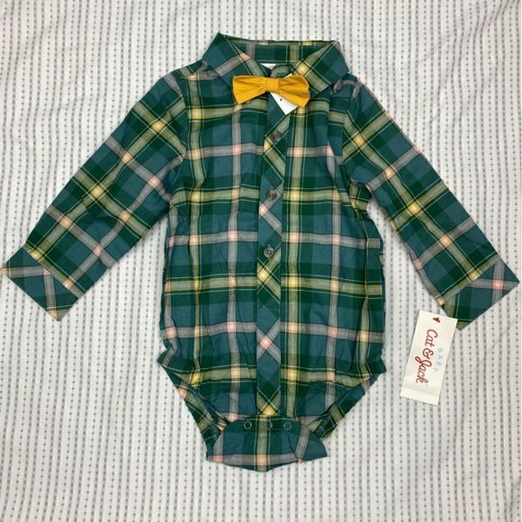 Cat & Jack collared long sleeve onesie with Velcro bow tie. - Picture 2 of 8